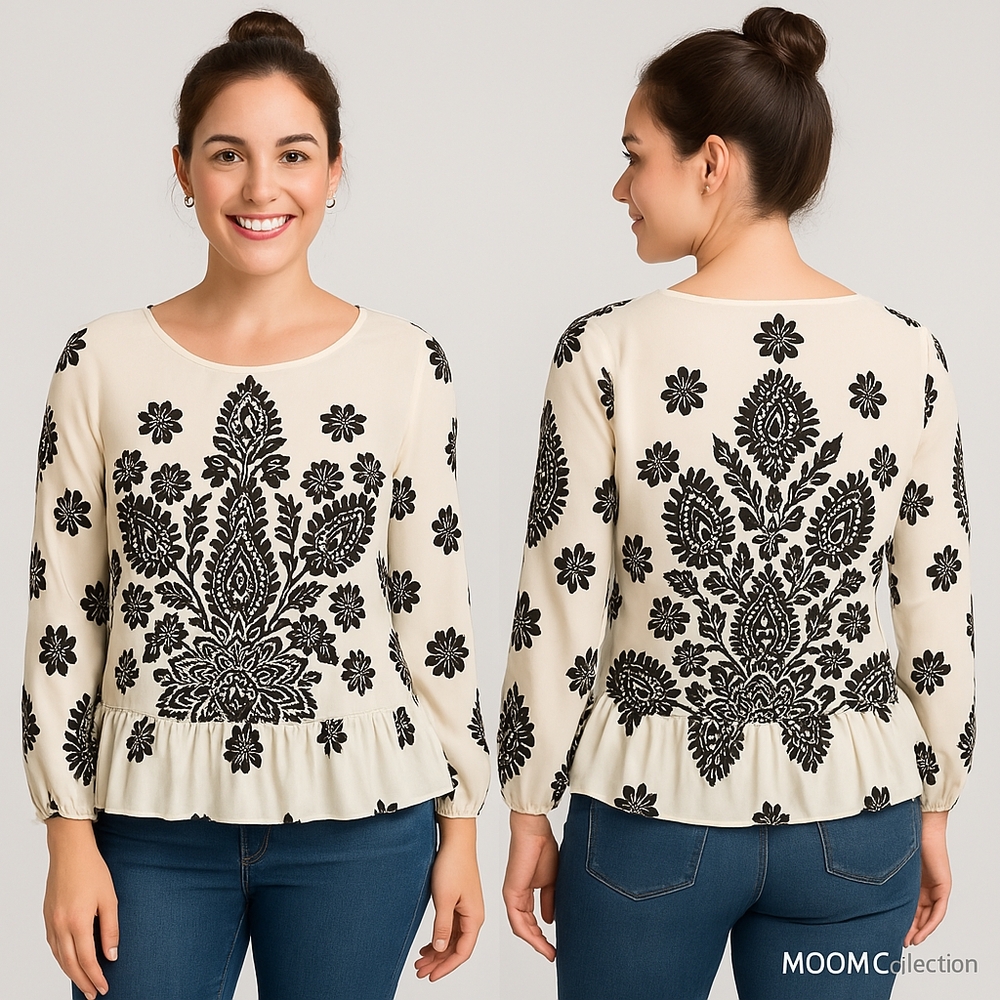 Moon Collection Women's Black and White Patterned Blouse Size L